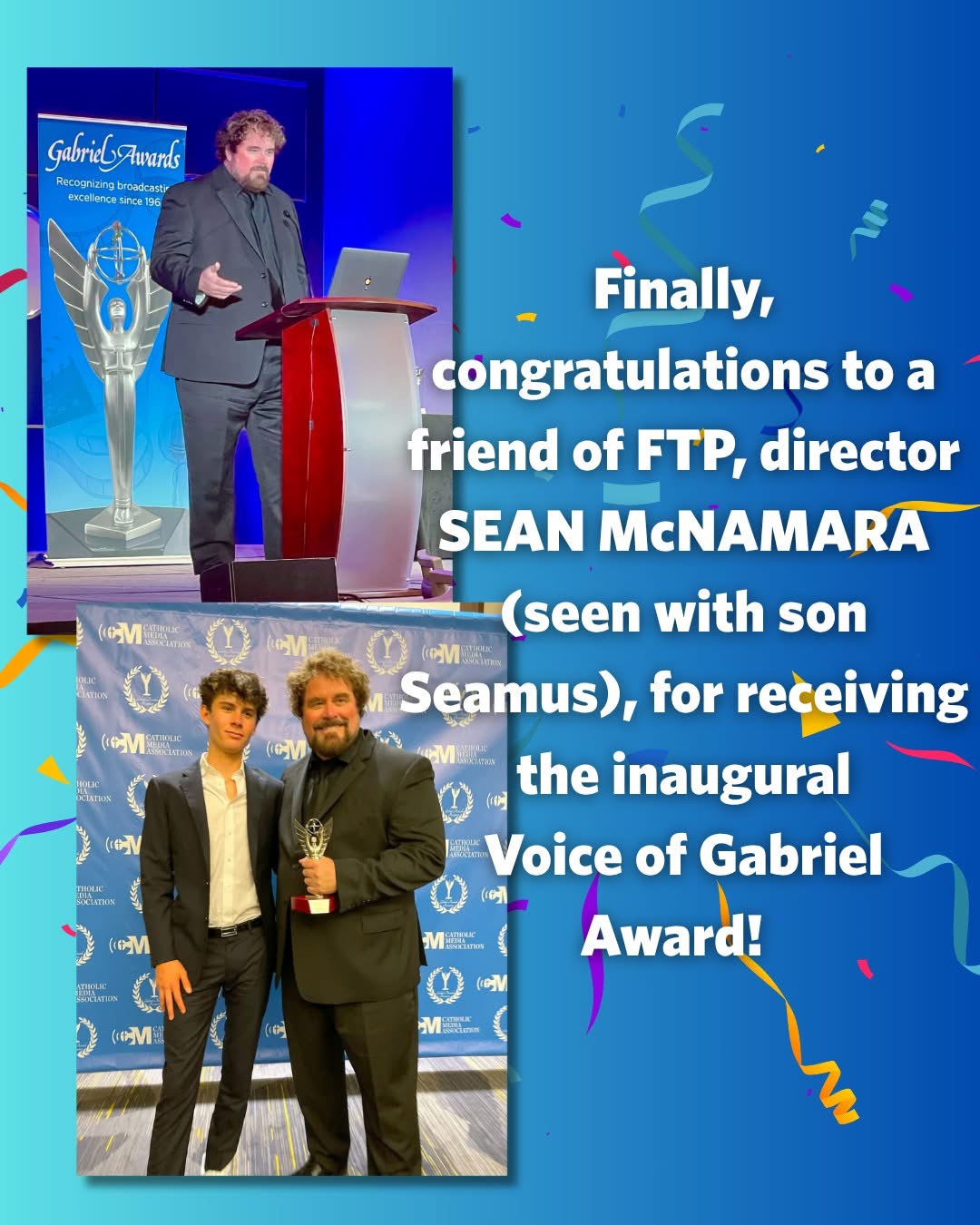 Sean McNamara receiving the inaugural Voice of Gabriel Award, with son Seamus